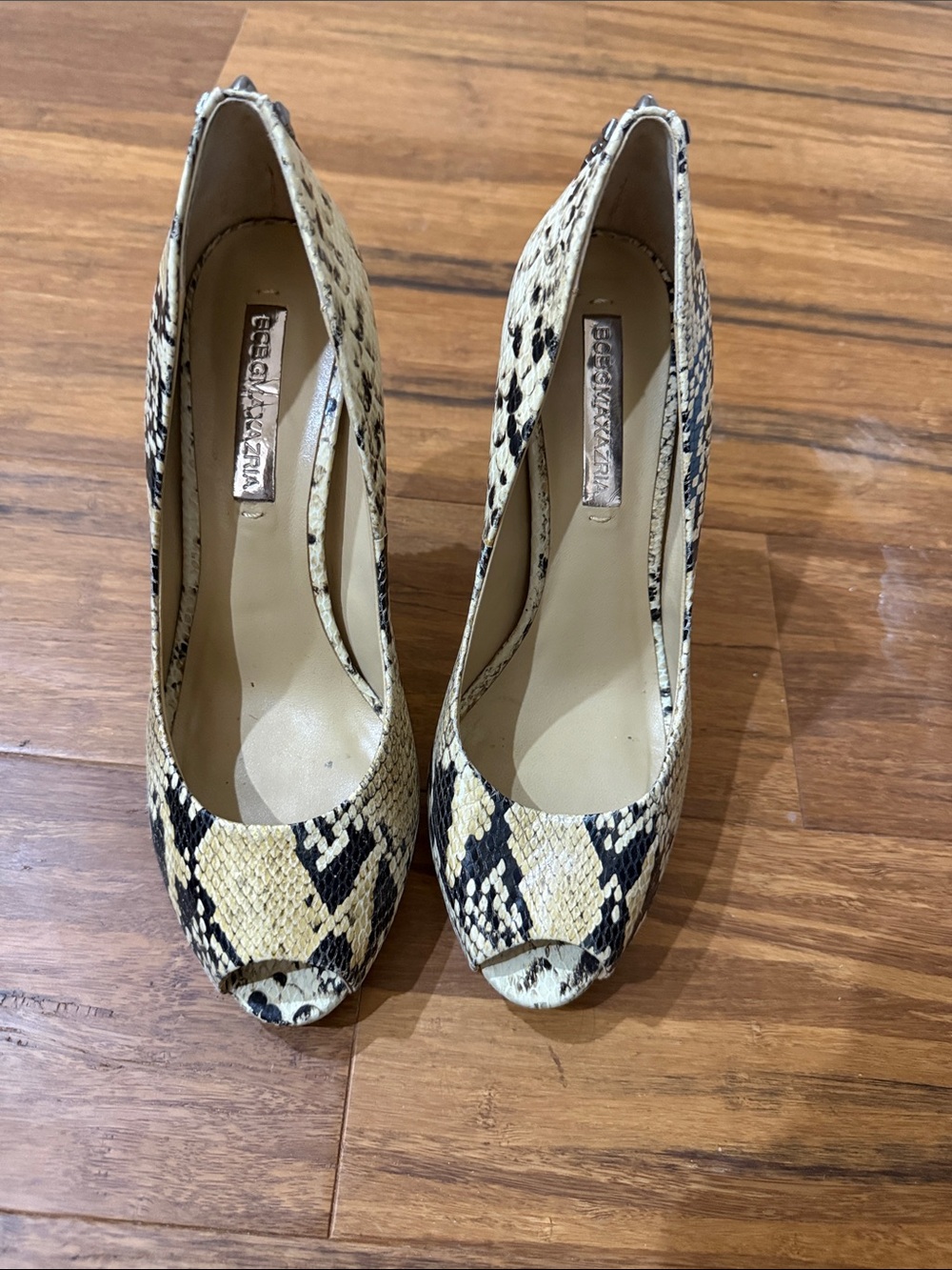 BCBGMaxAzria Snake-Print Peep-Toe Pumps in Yellow and Black
